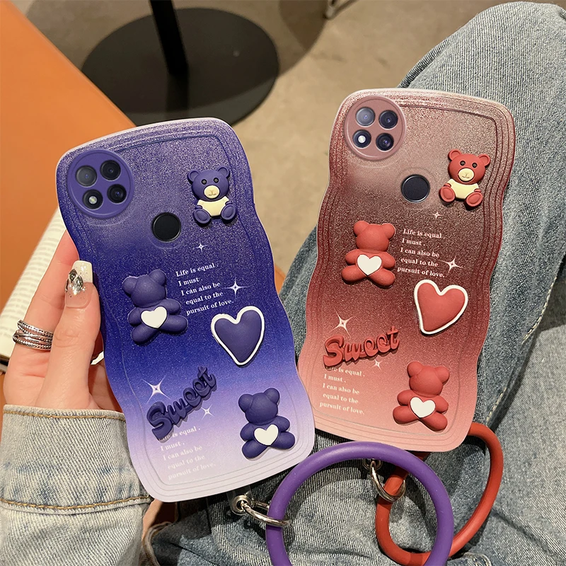 For Xiaomi Redmi 9C Phone Case 3D Cartoon Animal Fashion Decoration Cute Soft Silicon Sport Hand Strap Bracelet Back Cover