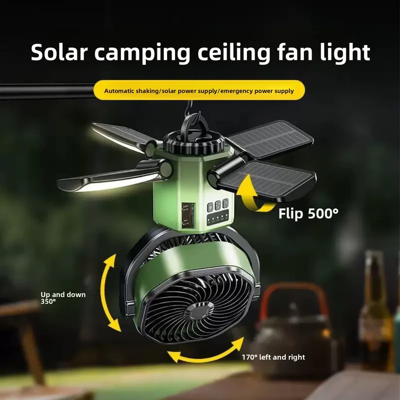 2026 New Upgrade Solar Powered Camping Fan With Automatic Shaking And Portable Ceiling Fan Light, Super Long-lasting Outdoor Ele