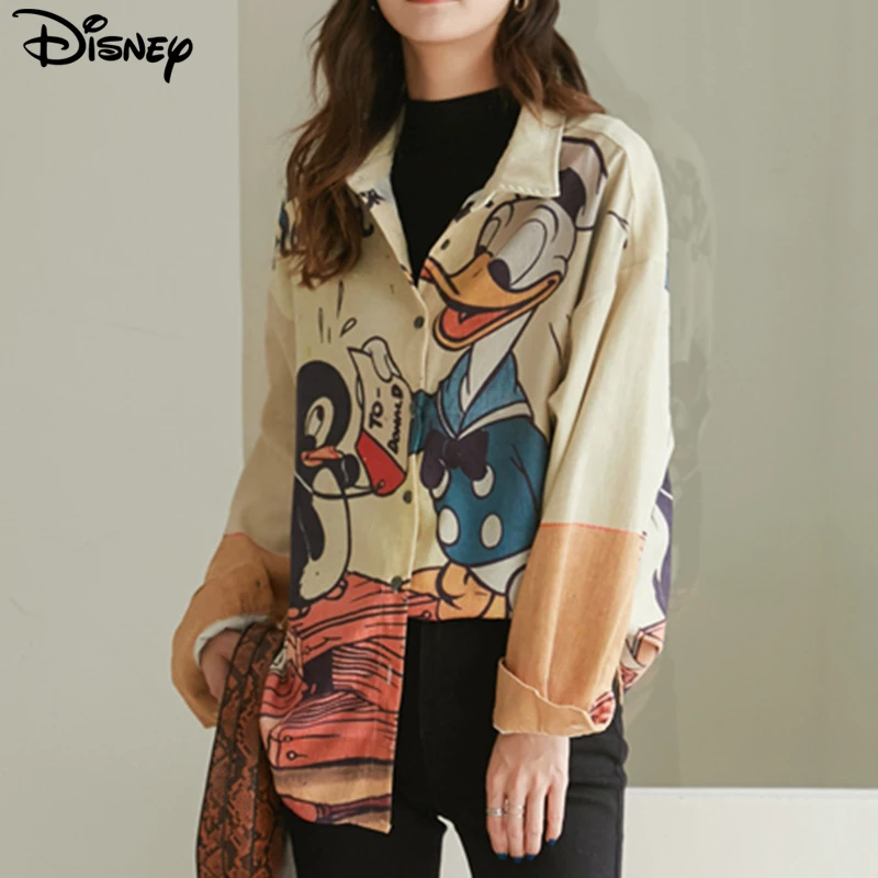 Disney 2022 New Arrival Top Fashion Autumn Cotton Loose Ins Couple Casual Cartoon Donald Duck Print Long Sleeve Casual Shirts