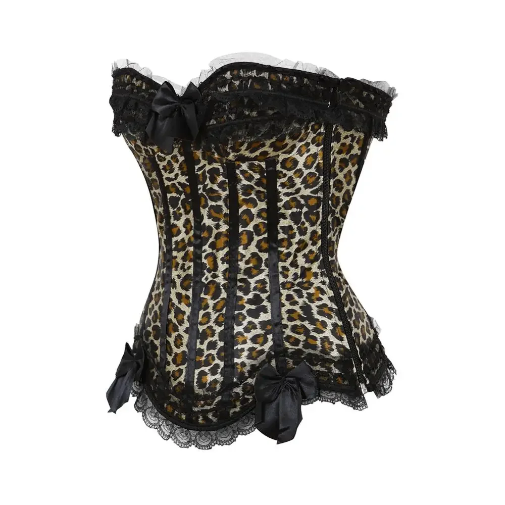 Women Corset Sexy Satin Bustiers Lace Trim Corsets Padded Zip Bustier Sexy Punk Leopard Overbust Corselet Carnival Party Costume