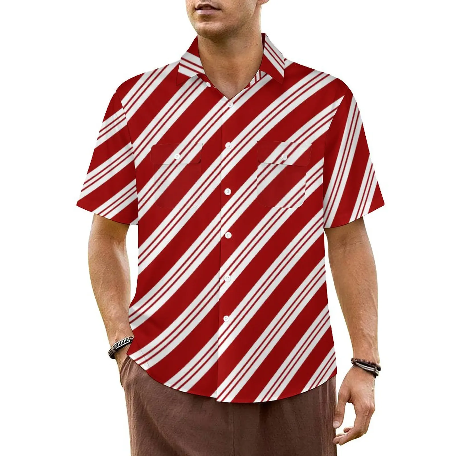 Camisa hawaiana para playa, blusas con estampado navideño, camisas informales elegantes a rayas rojas, ropa cómoda de gran tamaño de manga corta para hombre