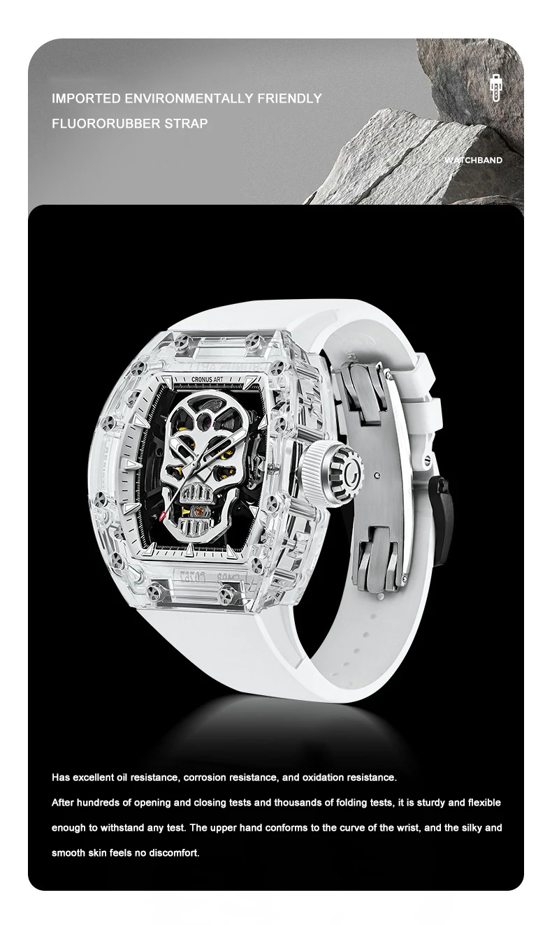 CRONUSART мужские автоматические часы с сапфировым корпусом 50 мм * 42 мм механические наручные часы Tonneau светящийся фторкаучуковый ремешок скелетонизированный циферблат