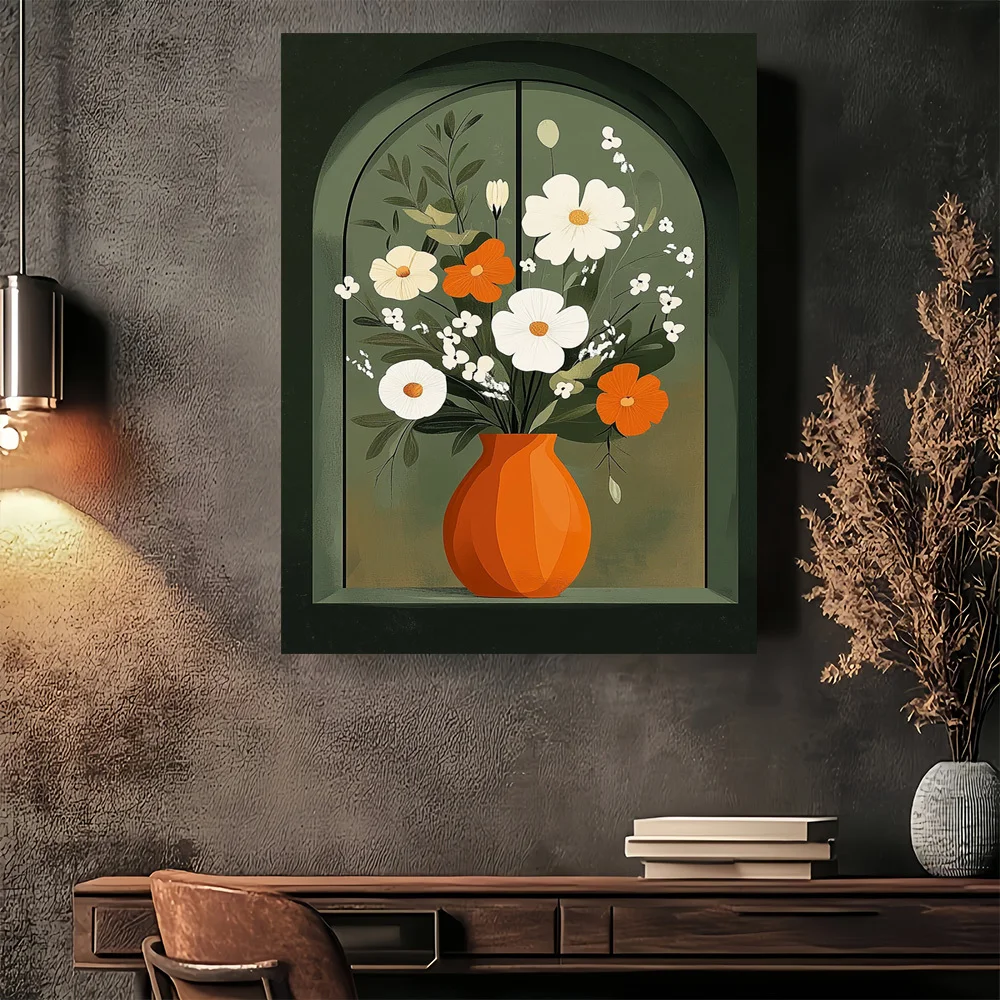 2D Flat, 1pc Modern Vintage Floral Canvas Poster - Minimalist White & Orange Flowers in Vase - Beige, Green, Brown Tones  Frame