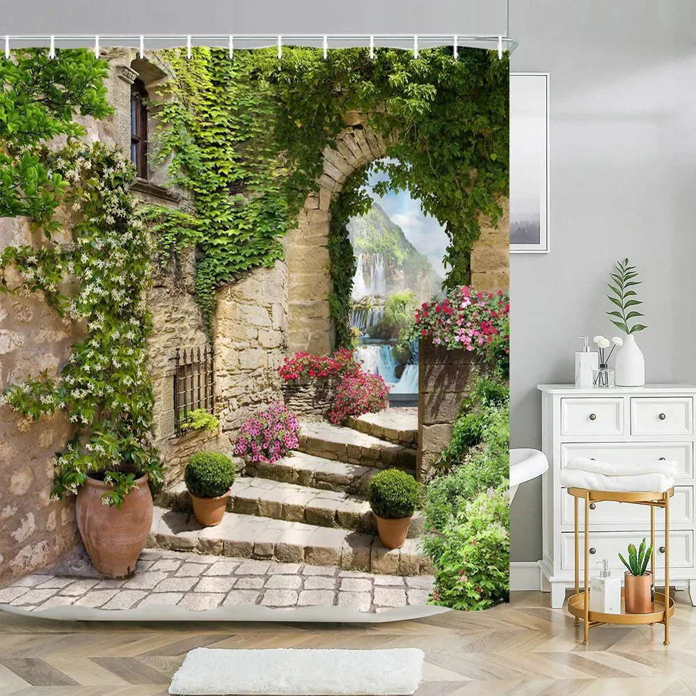 

Street Building Scenery Shower Curtain Flower Plant Retro Old Door Summer Rural Landscape Bathroom Curtain Background Wall Decor