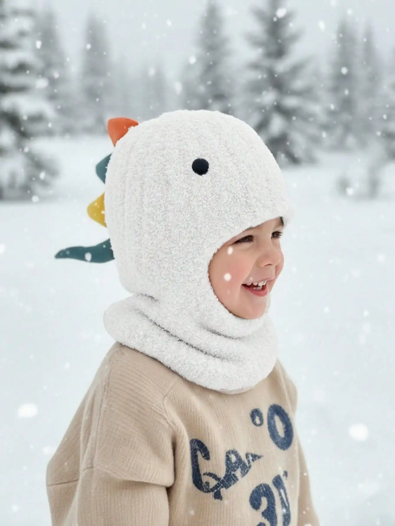 1Pcs 1-5Y Little Boys Dinosaur Knitted Balaclava,Hat‑Scarf Integrated Wrap‑Around Cap Kids Stylish Accessory