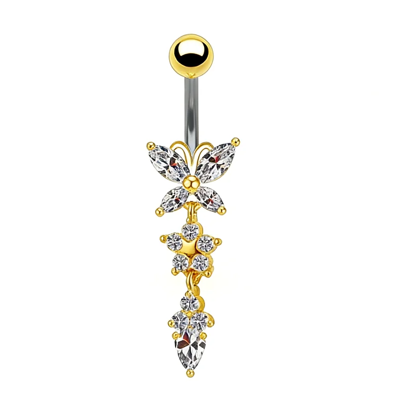 CZ Zircon Butterfly Dangle Belly Button Ring 14G Titanium Barbell Navel Bar Body Piercing Jewelry Women Girls Sexy Accessories