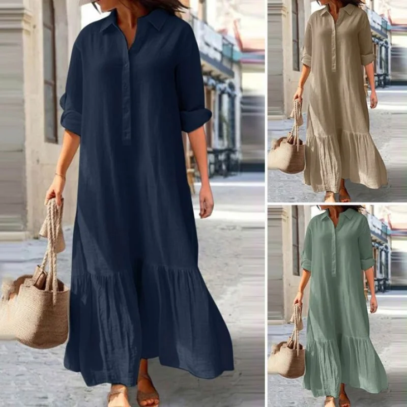 Boho Cotton Linen Dress - Damska sukienka maxi z kołnierzykiem koszulowym i guzikami