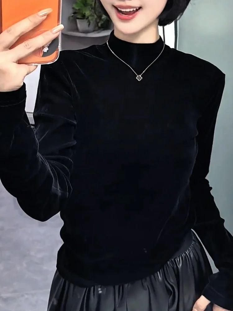 

Элегантный бархатный топ, модный осенний 2025, больших размеров, стройнящий, универсальный, во французском стиле, длинный рукав, с высоким воротником, женская кофта