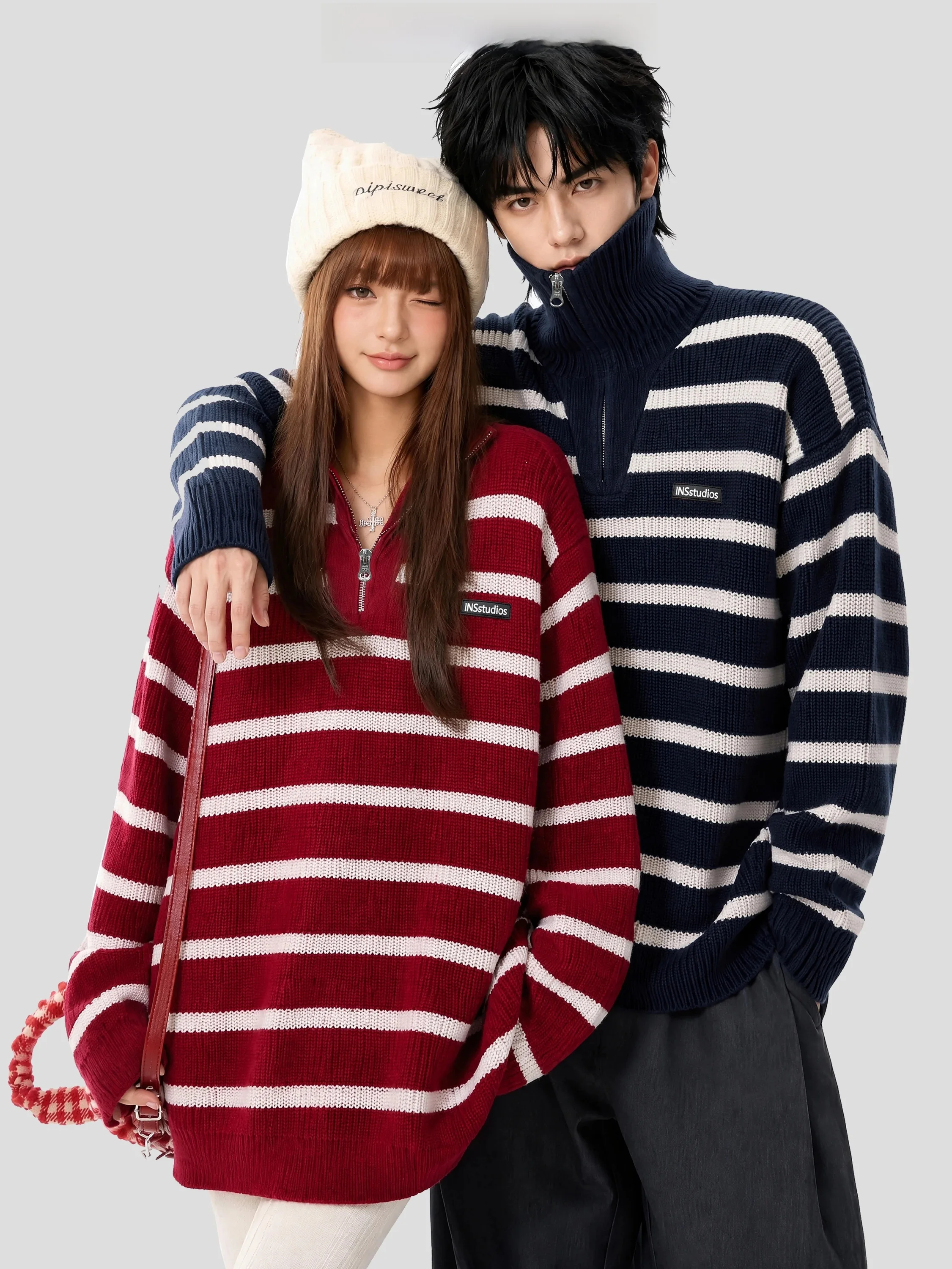 INSstudios American Style Striped Loose High Collar Half Zip Knit Sweater Couples Casual Warm Fashion Autumn Winter Top
