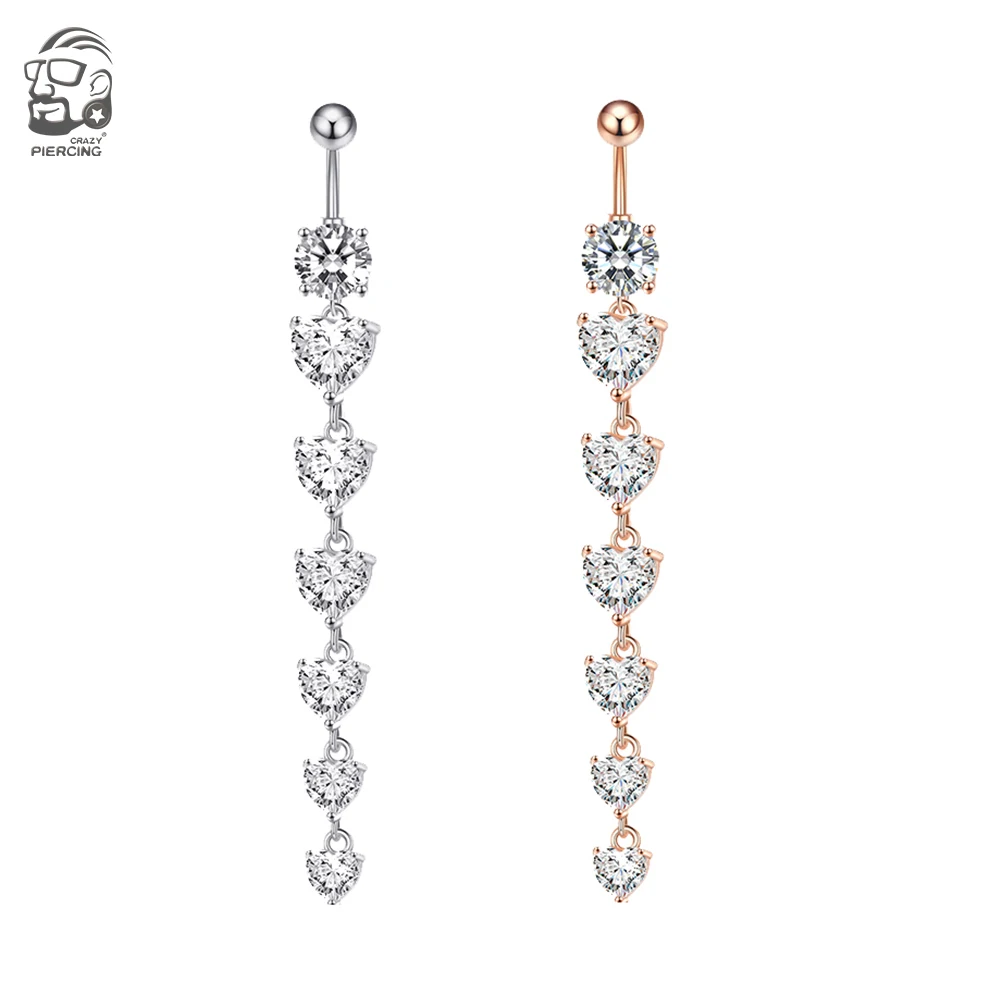 7 Heart Crystals Long Dangled Belly Button Rings