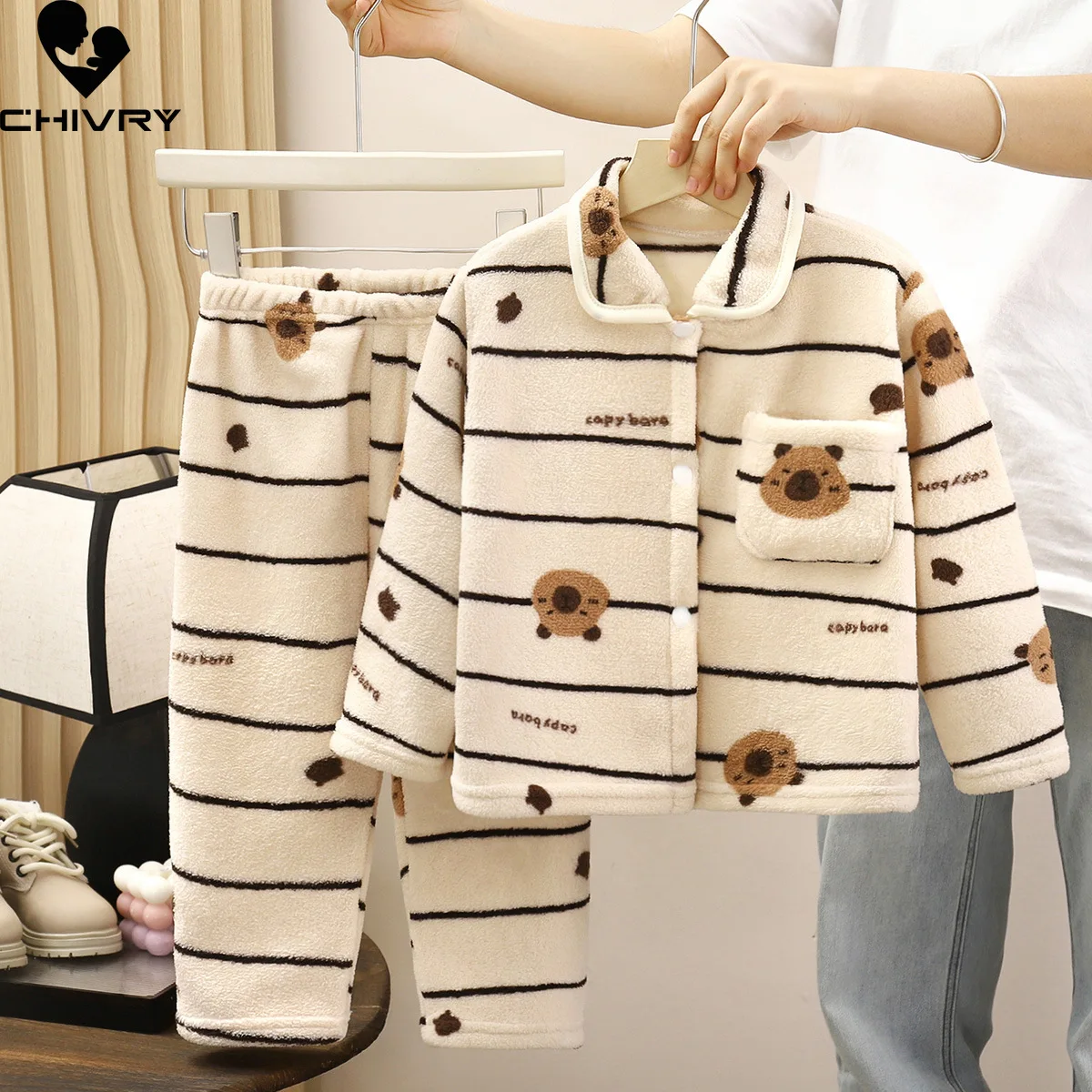 

Boys Girls Autumn Winter Soft Flannel Pajamas Sets Toddler Baby Cute Cartoon Lapel Coat with Pants Pyjamas Kids Casual Sleepwear