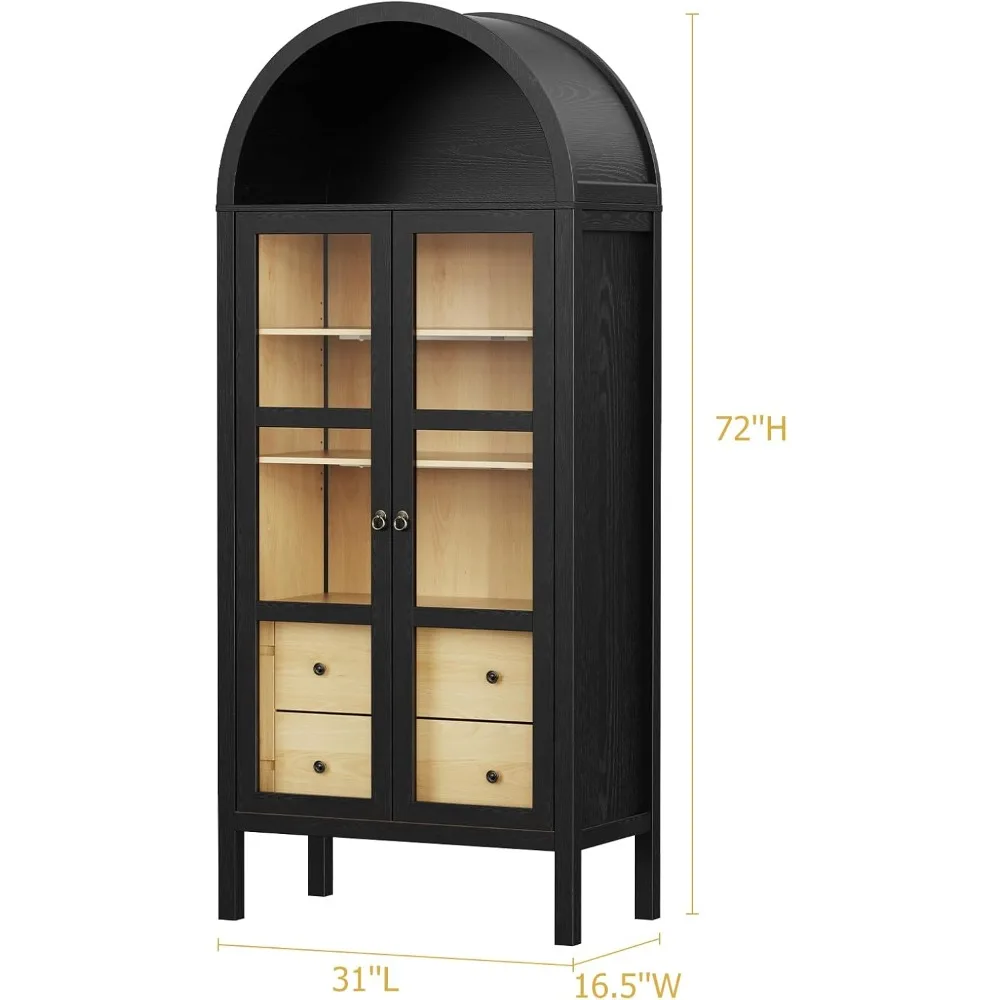 خزانة على طراز المزرعة الحديثة بطول 72 بوصة مع أبواب زجاجية مقوسة وأرفف قابلة للتعديل