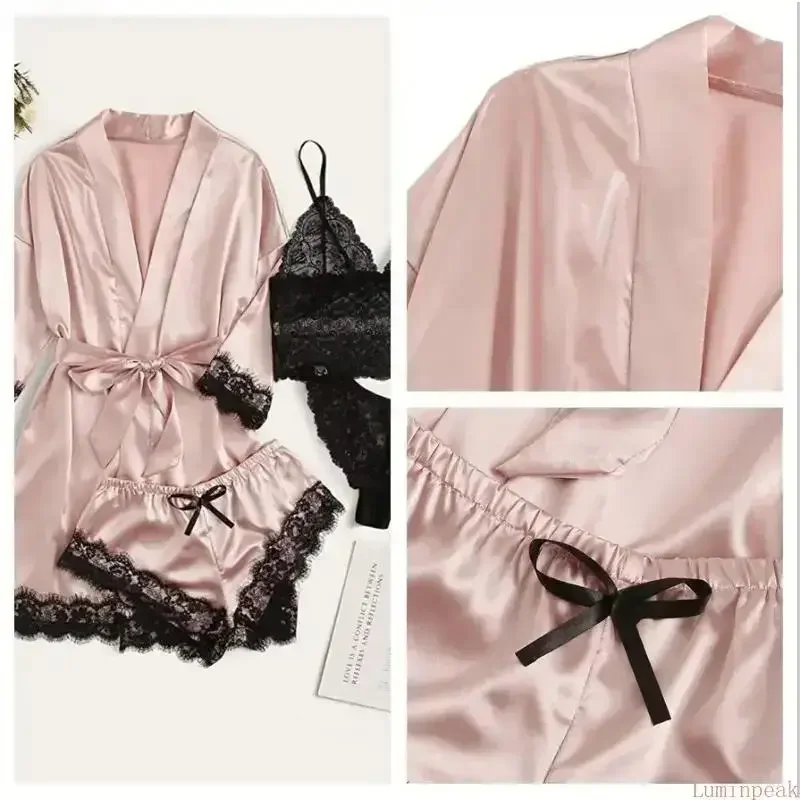 Women's 4-Piece Satin Pajama Sets - Shortsleeve, Sexy, Soft Silky Fabric with Floral Lace Long Robe & Nightgown, Fitted All Seasons Sleepwear, Casual Loungewear for Home Relaxation, Ideal Gifts view 6