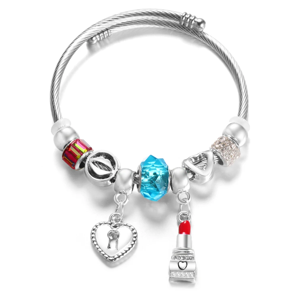 New Trendy 4 Colors Rhinestone Lipstick Pendant Crystal Beaded Bracelet Closure Adjustable Women Stainless Steel Bangles Jewelry