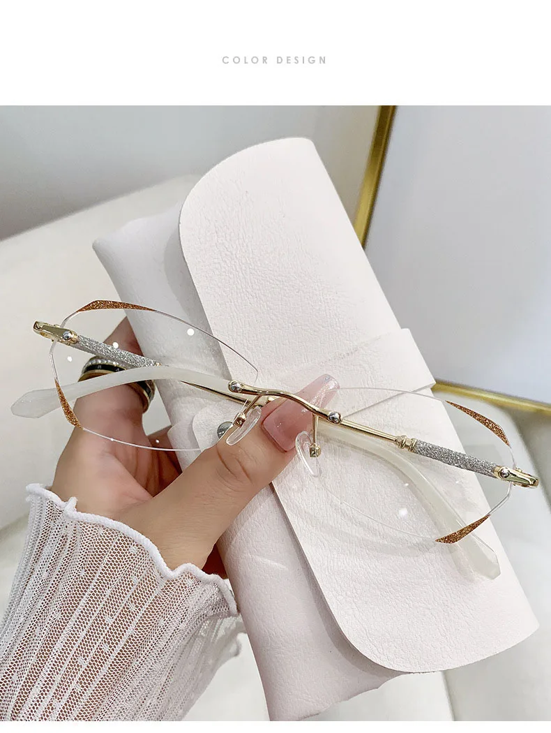 2025, neue Damen-Lesebrille, hochwertig, randlos, blockiert blaues Licht, Farbverlauf, Anti-Blulet, Brille, modische Lesebrille – Detail 8