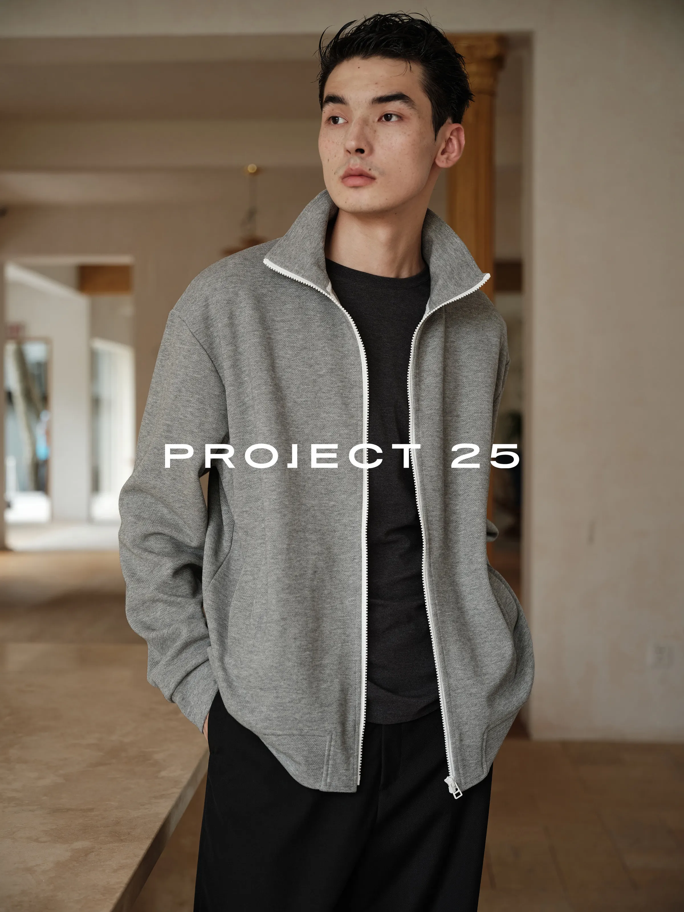 PROJECT 25 Men's Heavy Cotton Contrast Zipper Long Sleeve Mock Neck Loose Sweatshirt Basic Daily Commuting Casual Outerwear Top