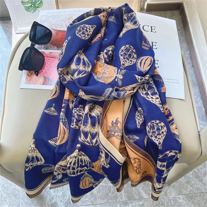 Luxury Winter Scarf Women Soft Cashmere Warm Pashmina Hot Air Balloon Print Scarves Wraps Thick Shawl Bufandas Stoles Hijabs