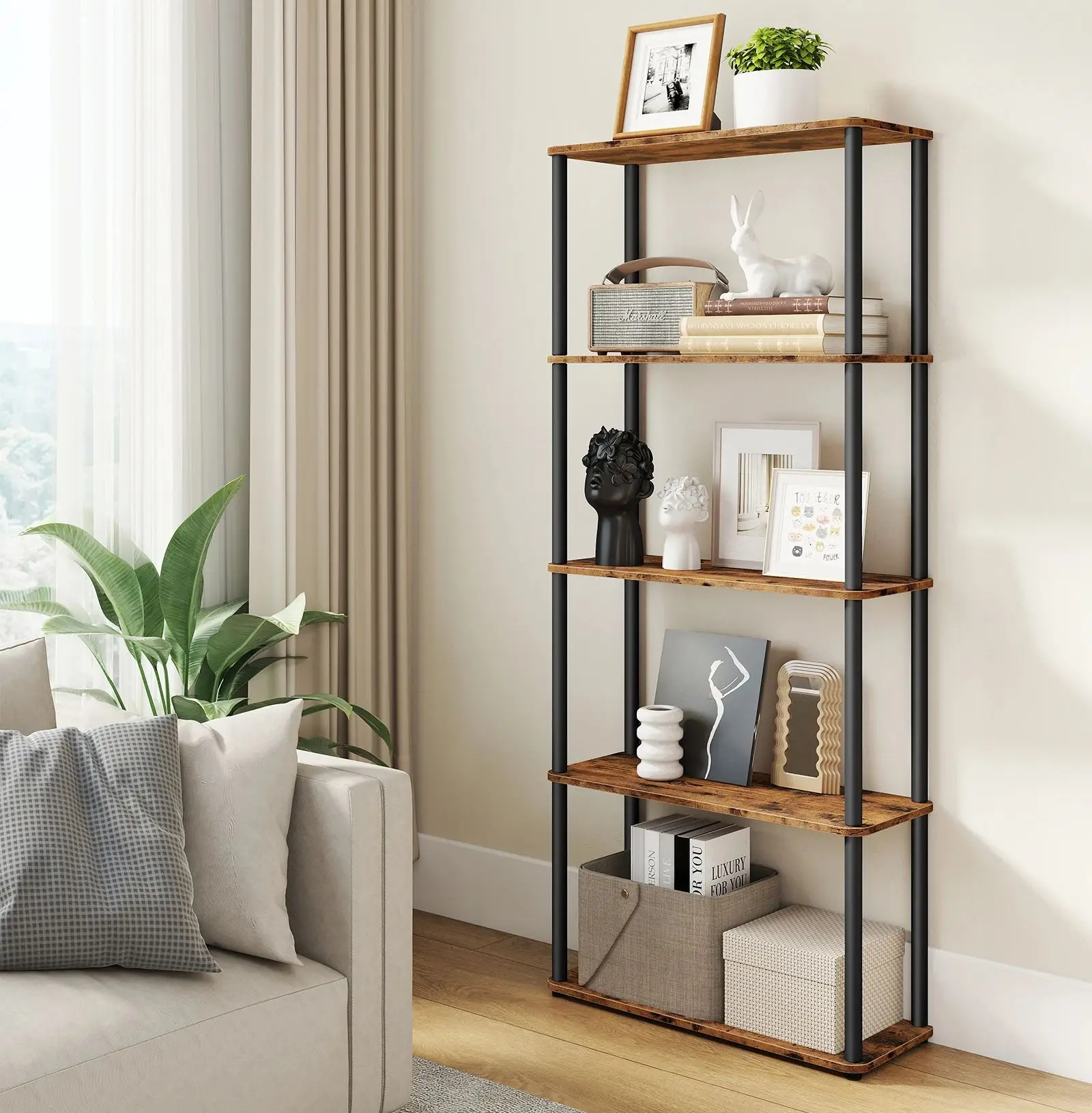 VASAGLE Superschnelle werkzeuglose Montage, Regal mit 5 Ebenen, Standregal, 23,8 x 60 x 139 cm, braun-schwarz