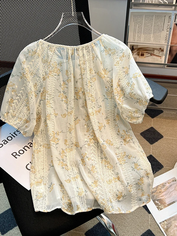

Artistic Floral Lantern Sve irt Women Summer Forest System Personali Casual Loose Heavy Embroidery Small Top