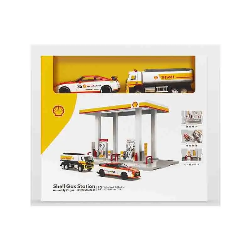 Simulierte Shell Bay Tankstelle Montage Spielzeug Thema Legierung Auto Modell Aufkleber Set kinder Spielzeug byFiFi Spielzeug