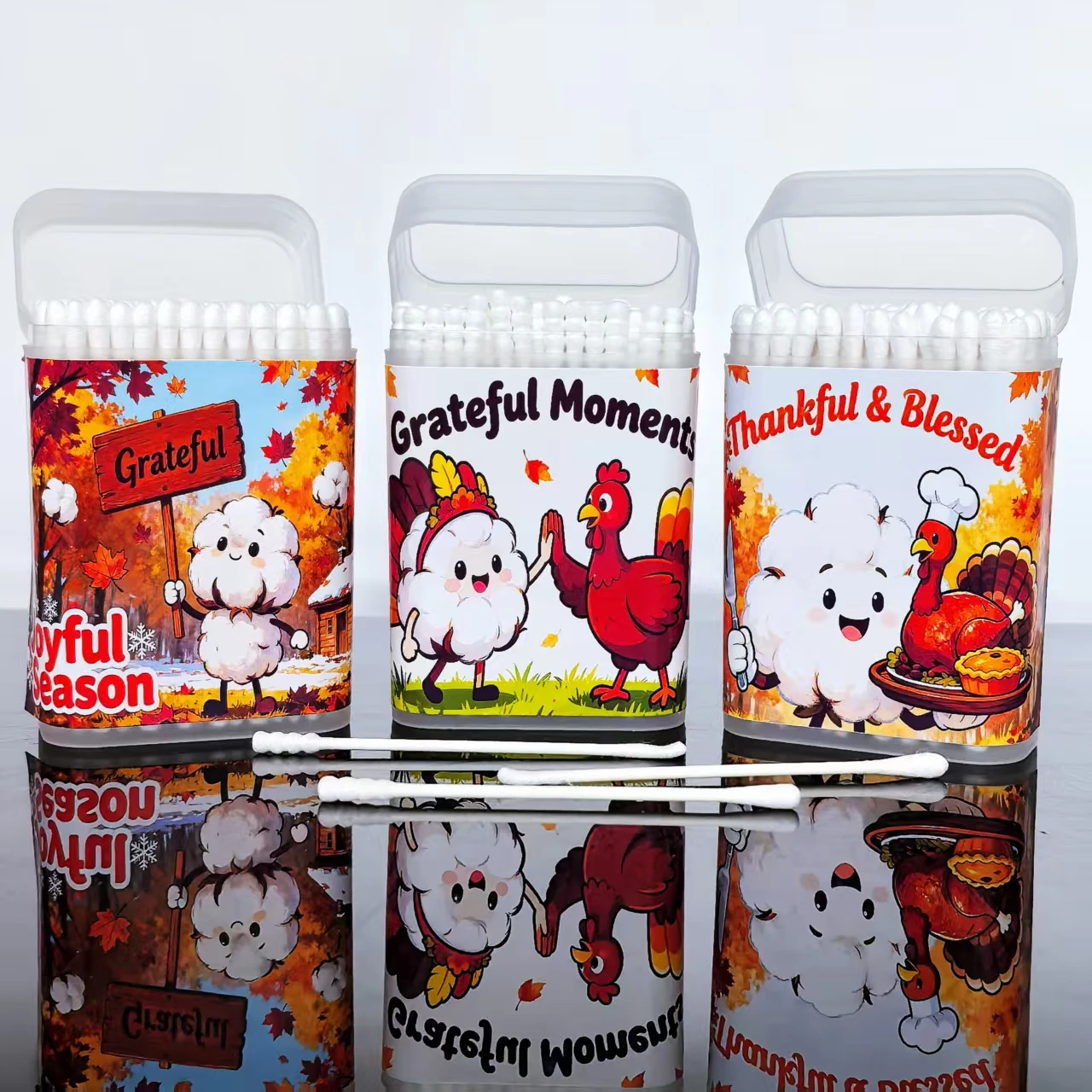 300 uds/600 Uds. Hisopos de algodón con elementos de Acción de Gracias, bastoncillos de algodón de doble cabeza, hisopos de algodón de regalo de vacaciones de eje fino