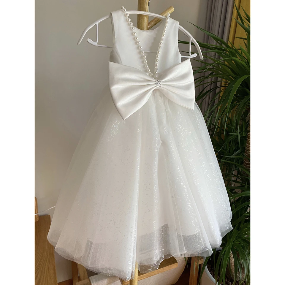 Customized Kids White O-Neck Pearls Bow TFlower Girl Dress 2024 Ball Gown Sleeveless First Communion Dress Girl Pageant Dresses