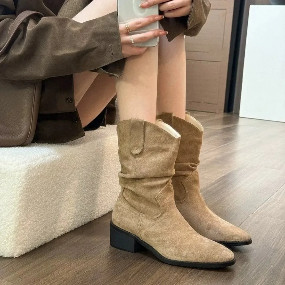 Women Western Boots Retro Slip-on Ladies Short Boots Pleated Cow Suede Leather Chucky Heels Shoes Cowboy Boots Autmn Winter New