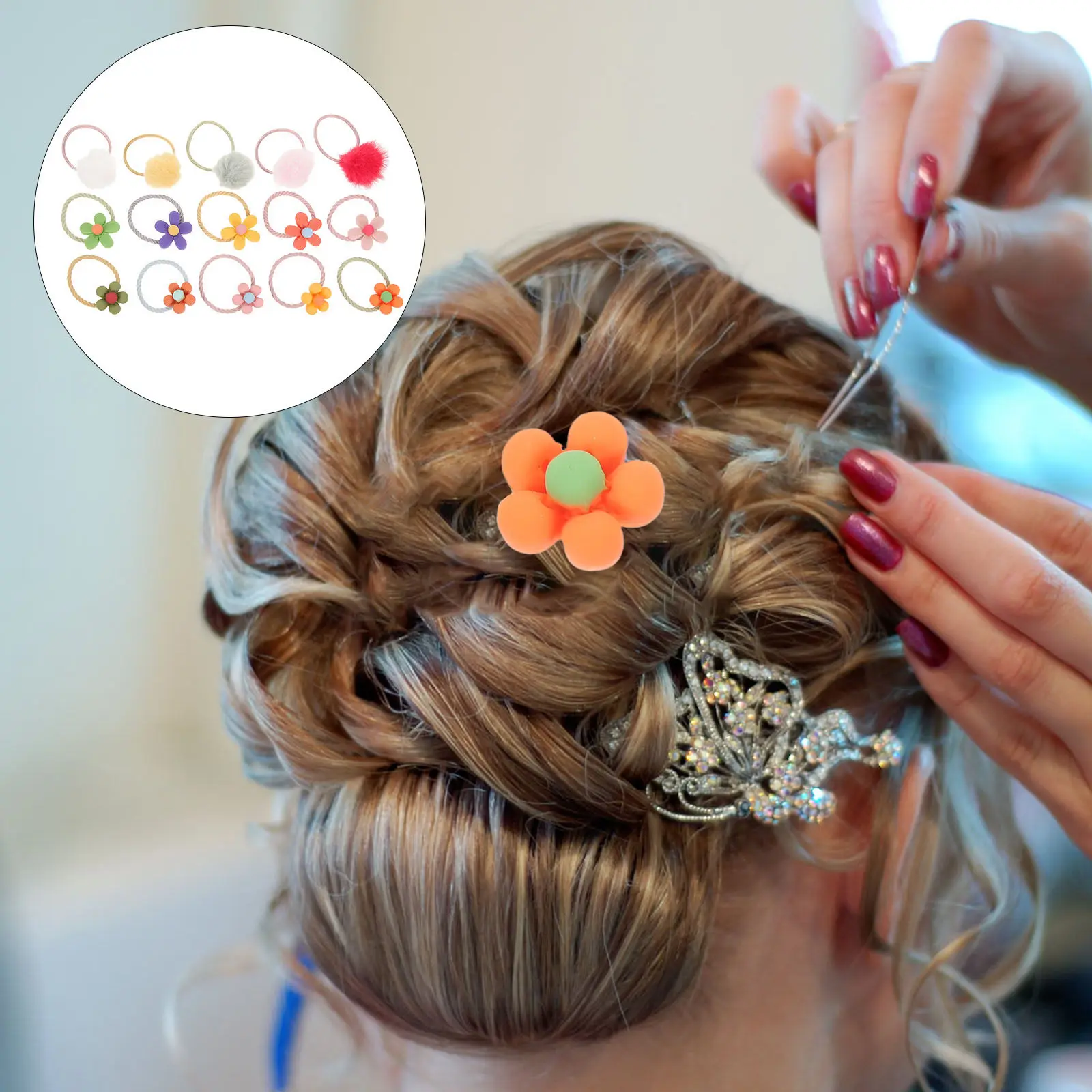 

30 шт. резинок для волос с цветами и помпонами, эластичные держатели для хвоста, аксессуары для волос, элегантные модели для дня рождения, свадьбы, фотосессии