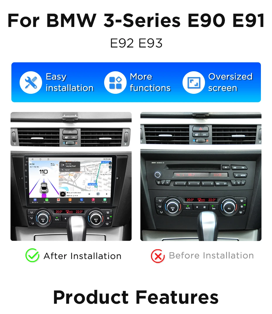 Junsun 360 ° Panorama-Kamera-Autoradio für BMW 3er Serie E90 E91 E92 E93 2005-2013 Kabelloses CarPlay Android Auto Stereo GPS RDS – Detail 4