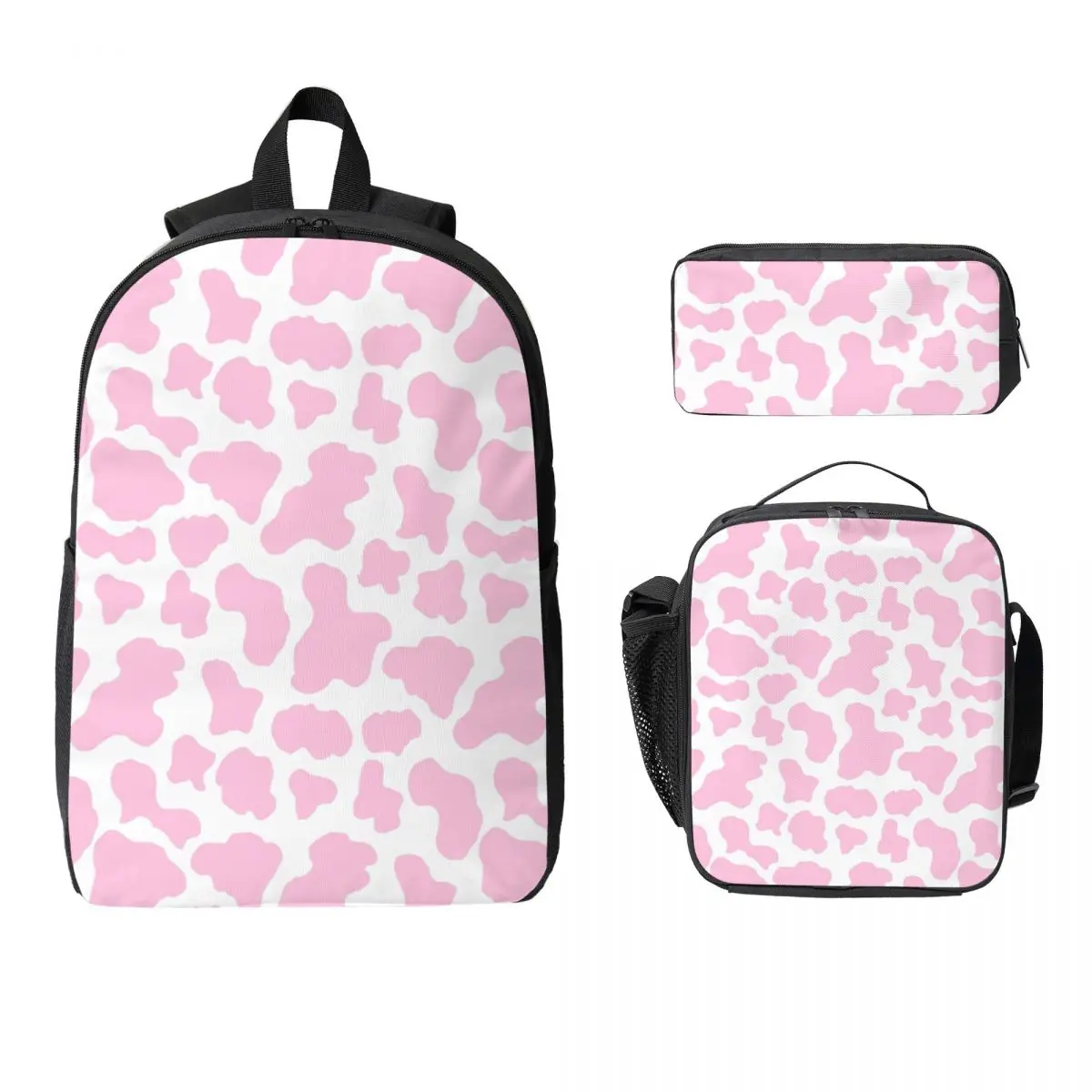 Pink Strawberry Cow Print Aesthetic Pattern Backpack Student Boys Girls BookBag School Bag 3ps Insulated Lunch Bag Pencil Case
