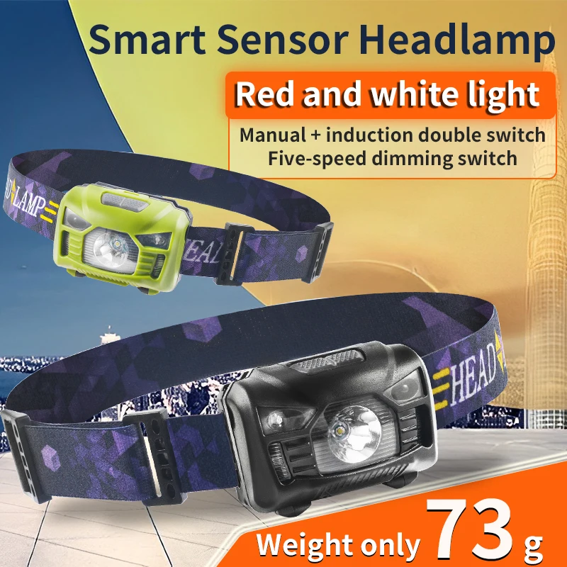 

Intelligent induction portable COB headlight red and white dual light source rechargeable headlight