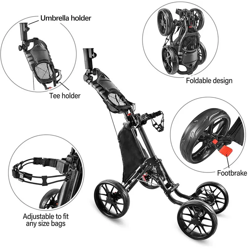 Factory Hot Selling New 4 Wheel Golf Push Cart Golf Trolley with Foot Brake and Umbrella Holder