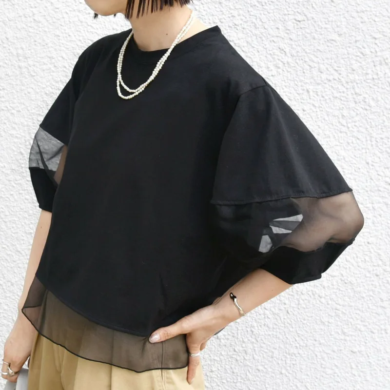 Fresh Sweet Chic Organza Patchwork Chiffon Top O-neck Lantern Short Sleeve Tshirts Women 2024 Summer New Japan Style Chic Blusas