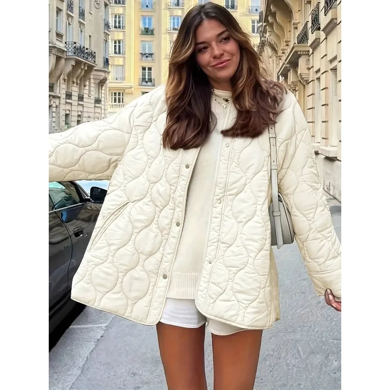 

2026 new edition New Quilted Line Simple Solid O-Neck Loose Autumn Winter Coat Fashion Women Casual Cotton Jacket