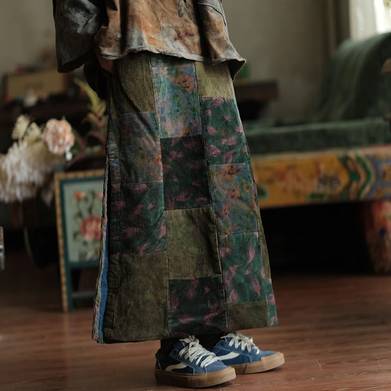 

100% Cotton Women Casual Skirt New Arrival 2025 Autumn Vintage Style Patchwork Floral Print Female Thick A-line Long Skirt M2038