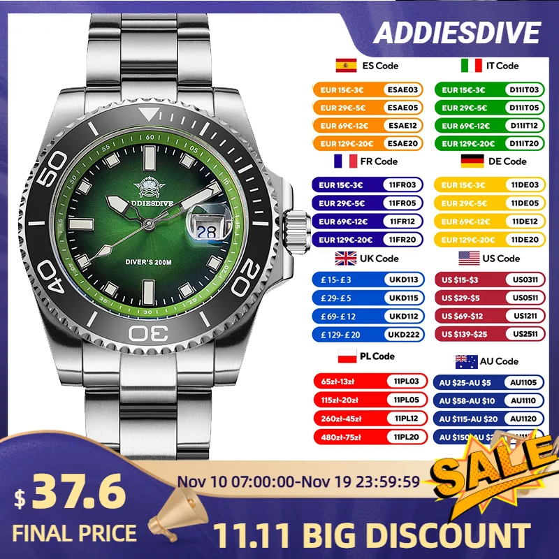 

ADDIESDIVE New AD2089 Men's Watch Fashion 41mm Quartz Watch Rotatable Bezel 200m Diver Watch Steel Strap BGW9 Luminous Watches