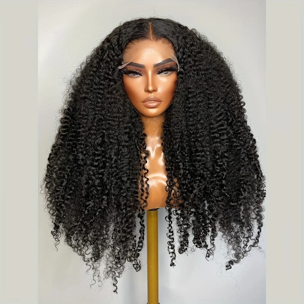26Inch Long 180 Density Soft Black Kinky Curly Lace Front Wigs For Women With Baby Hair Synthetic Fiber Deep Part Daily
