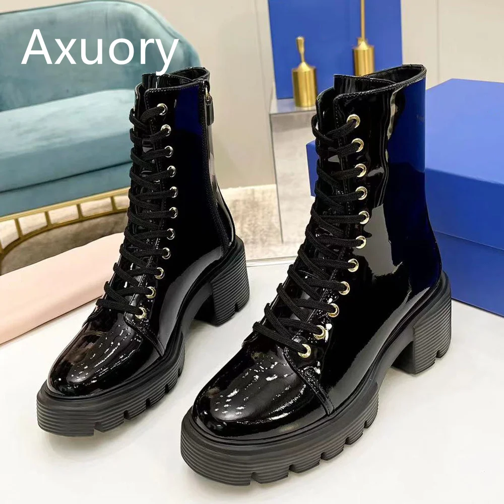 

Women's Ankle Boot High Heels Thick Soles Cowhide lacquer Round head High Quality lace-up Office boots Solid color