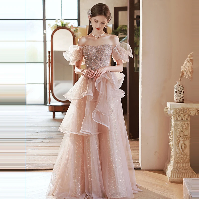 Customized Sweetheart Pink Evening Party Dress Sequnied  Appliques Prom Dresses Short Puff Sleeve Vestido De Festa