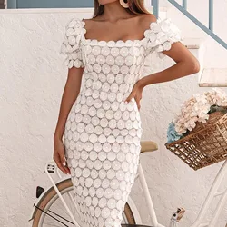 Women Lace Dress Short Summer Circle Hollow Out Elegant Solid White Pink Black Dress 2024 New Midi Bodycon Robe Vestido Feminino