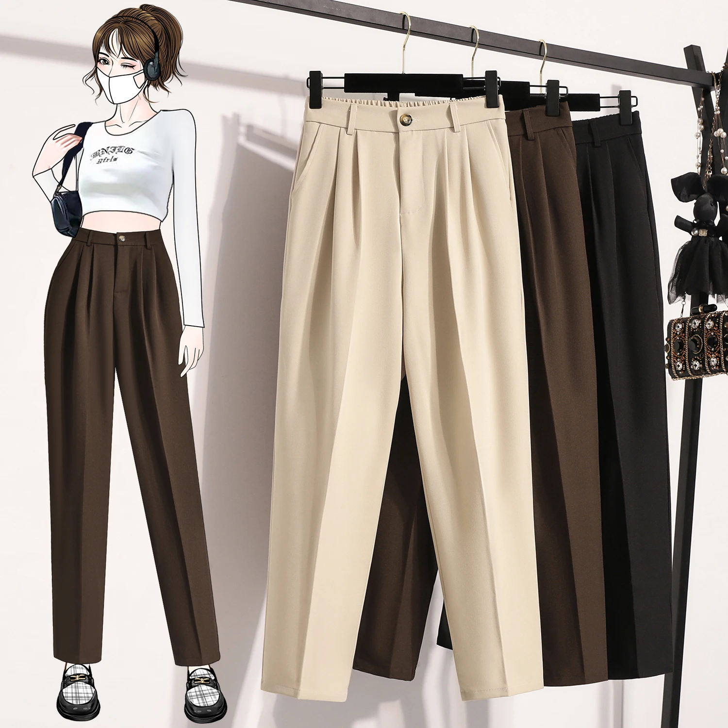 

Повседневные брюки с высокой талией на заказ, женские утягивающие брюки-харлан с грушей, весенне-осенние брюки-трубы с маленькой ножкой