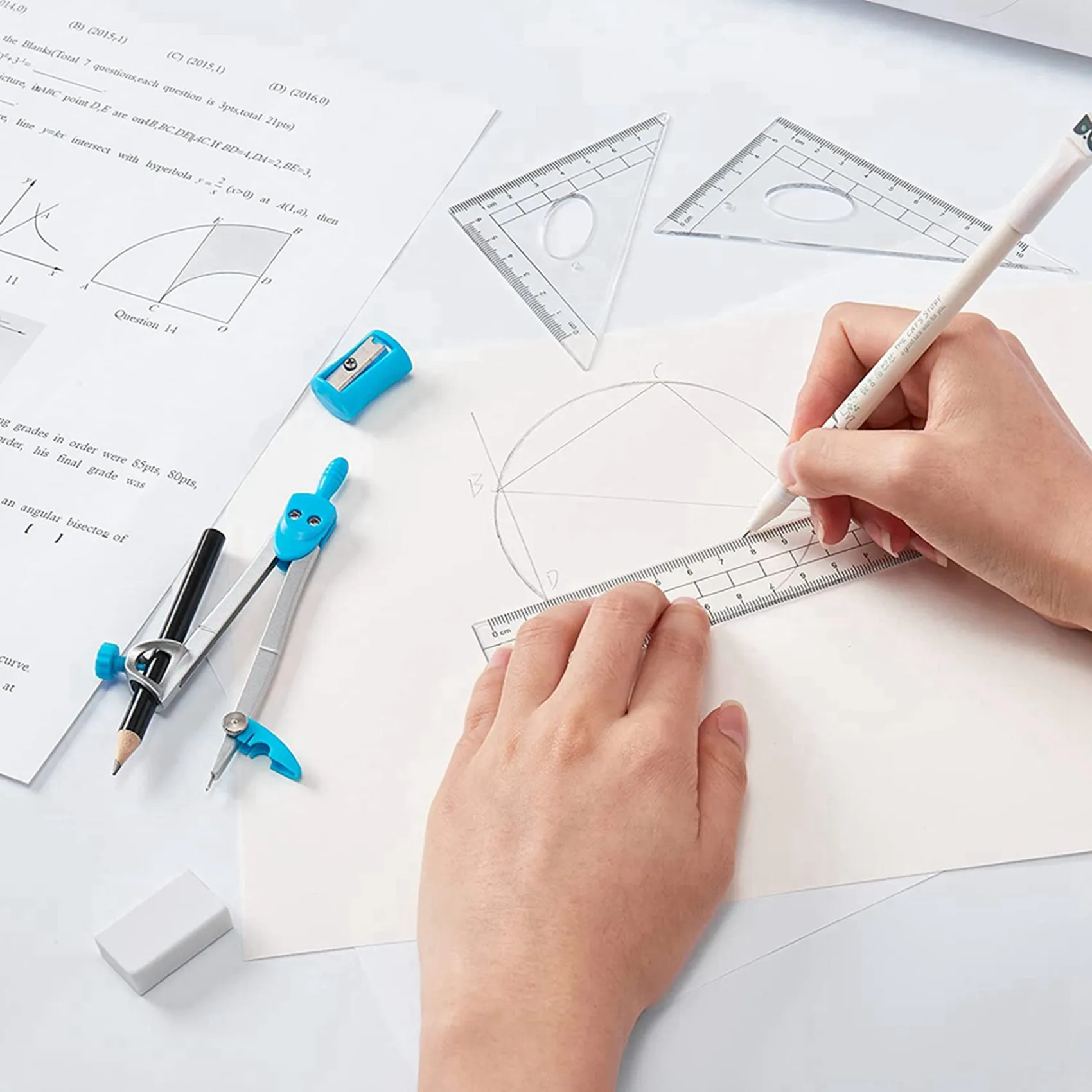 Delicate Texture-Geometry Set 20 Pcs Math Supplies Kit,Including Compass,Protractor,Ruler,Eraser,Pencil Ect,For Drawing And Meas