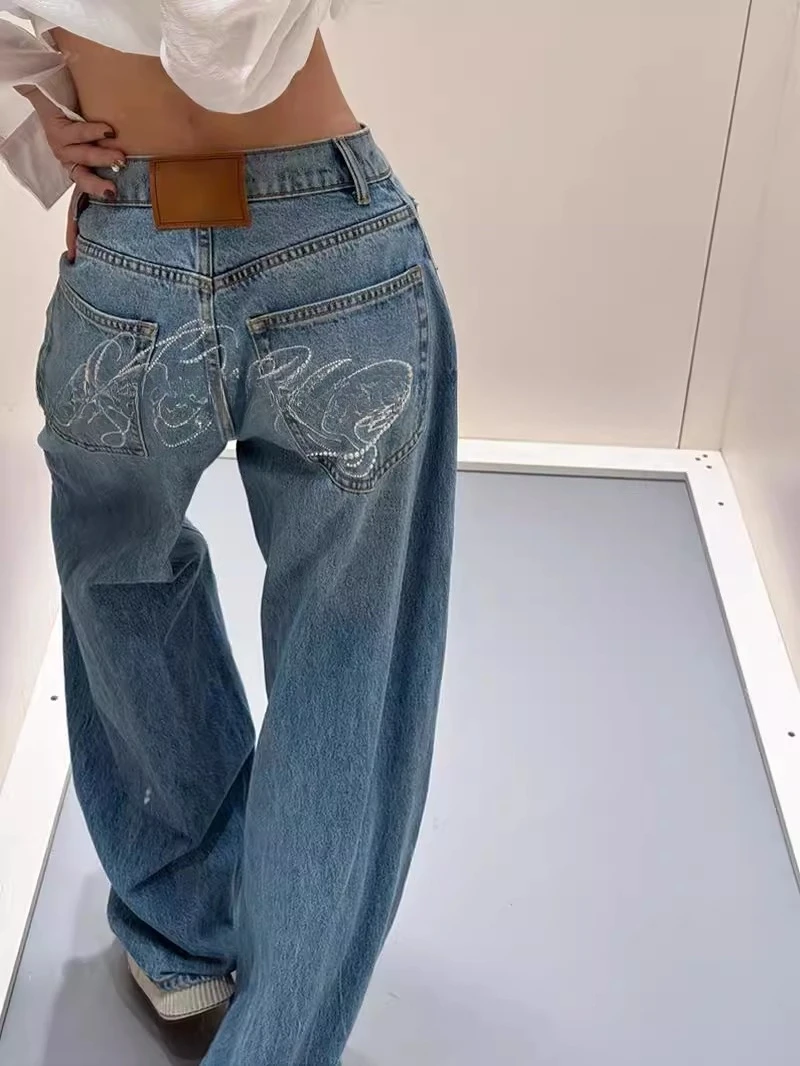 

Мешковатые синие джинсы для женщин, винтажные прямые джинсовые брюки Y2k с надписью и стразами, уличная одежда, широкие брюки с высокой талией