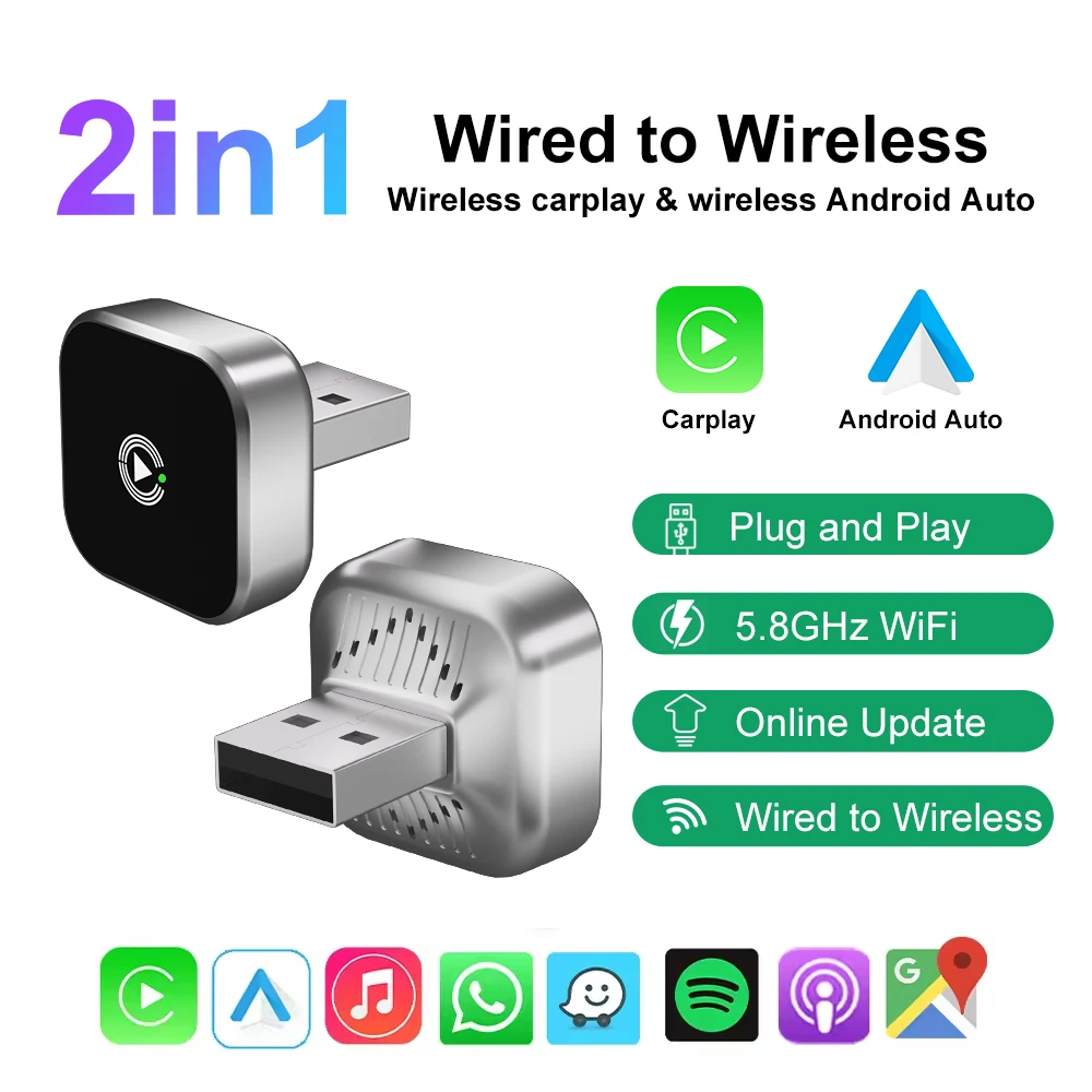 Wireless CarPlay Android Auto Adapter Plug and Play Universal Car Play for VW Toyota Nissan Honda Ford Benz Wired To Wireless
