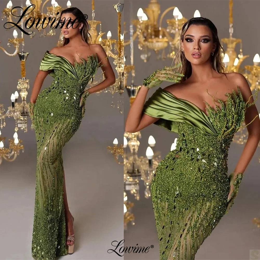 

Lowime Robe De Soiree 2023 Green Beading Mermaid Party Dresses Customize Crystals Long Evening Gowns For Women Arabic Prom Dress