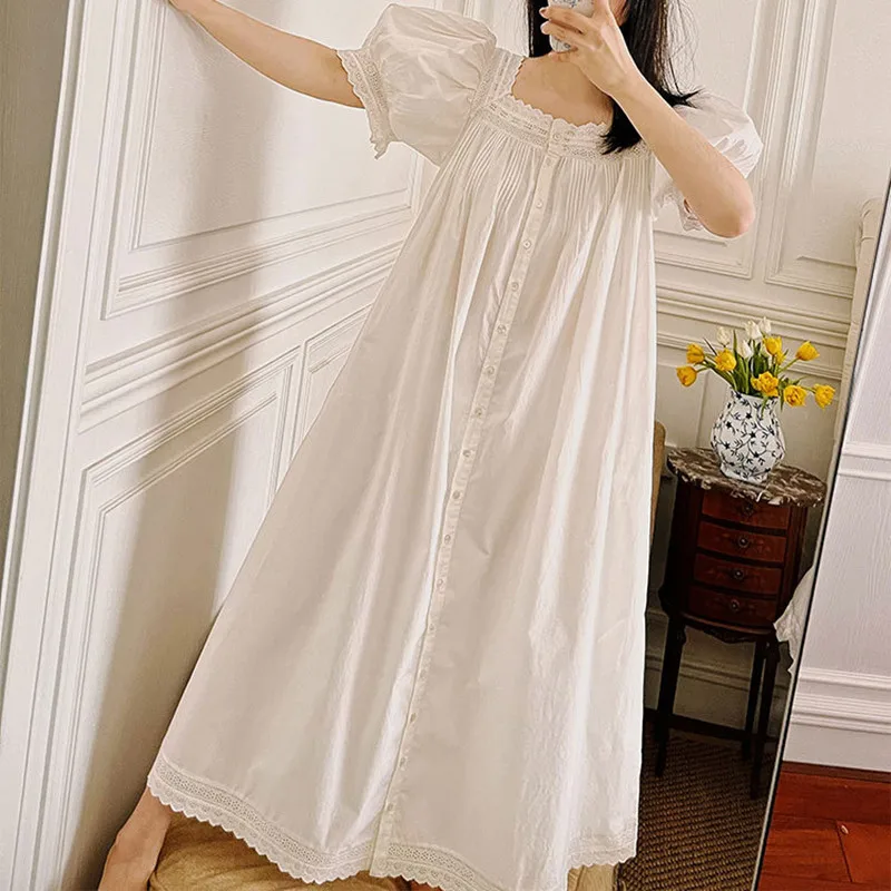 Women 100% Cotton Short Sleeves Cardigan Nightdress French Sexy Square Collar Long Mid-Calf Nightie Princess Vintage Nightgowns