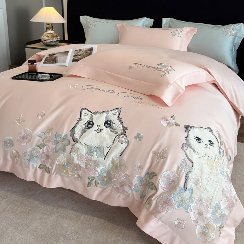 100% Cotton Cute Cat Floral Embroidery Bedding Set Duvet Cover Bed Sheet/Fitted Sheet Pillowcases Bed Linens for Bedroom Decor