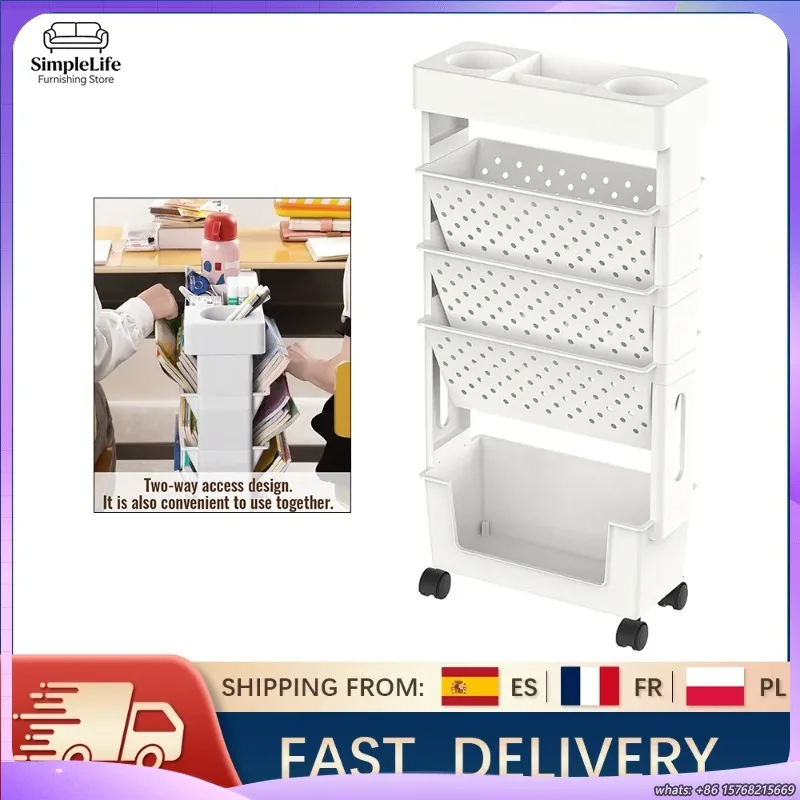 5層可動式本棚トロリー回転式取り外し可能なabsローリングカート省スペースオーガナイザー（書籍、雑誌、書類用）