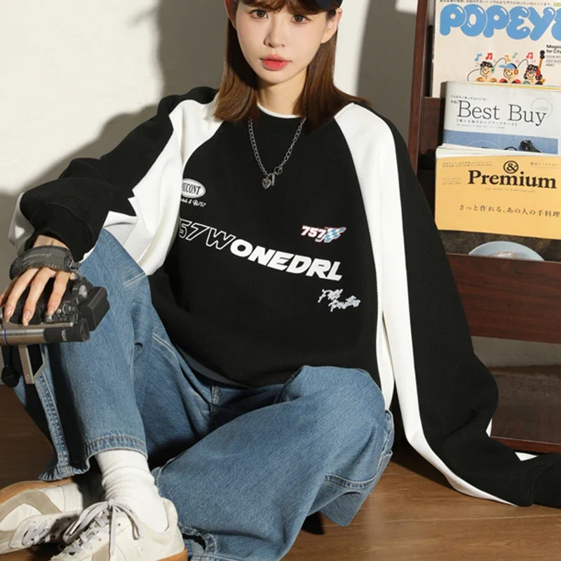 Autumn Y2k Patchwork Sweatshirt Women Vintage Oversized Hoodies Color Block Raglan Sleeve Cybercore Korean Fashion Kpop Clothes