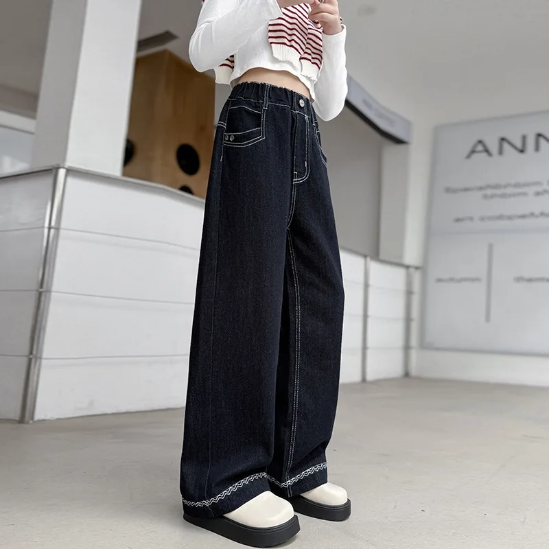 بنطال جينز بناتي بلون سادة لخريف 2025 جديد عصري فضفاض مستقيم الساق واسع الساق من قماش الدنيم للأطفال بعمر 4-14 سنة للأطفال الكبار